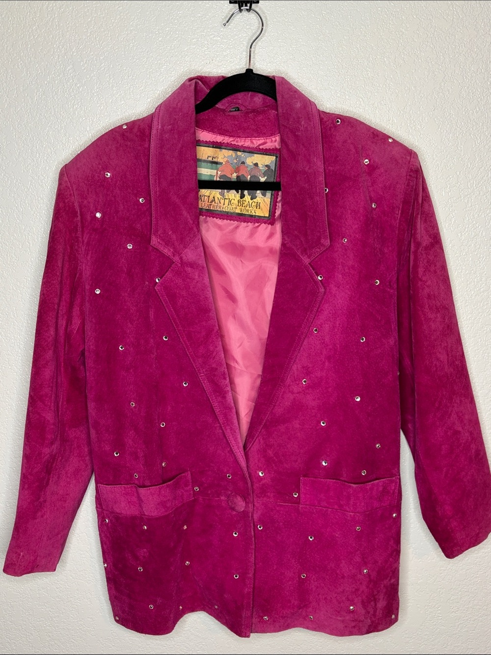 Atlantic Beach Leather Coat Works Pink Suede Rhinestone Blazer Size Small Party